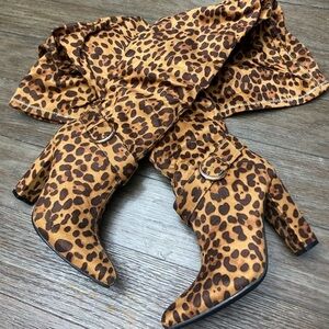 Women's Knee Boots, Sexy Leopard Print Pointed  Toe Stiletto Boots, 7.5